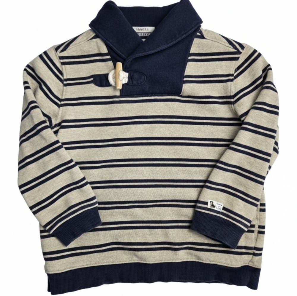 Janie and Jack Navy & Tan Striped Toggle Neck Sweater with Pockets – Size 6